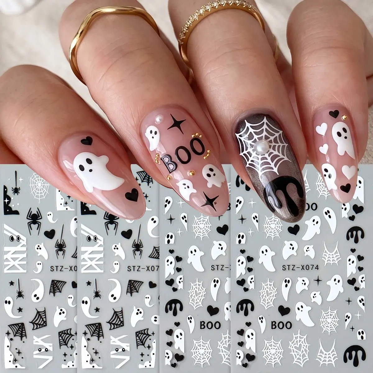 4 Sheets Halloween Nail Stickers, Cute Gothic Ghost Spider Web Design, DIY Nail Art Decorations, Nail Tattoos