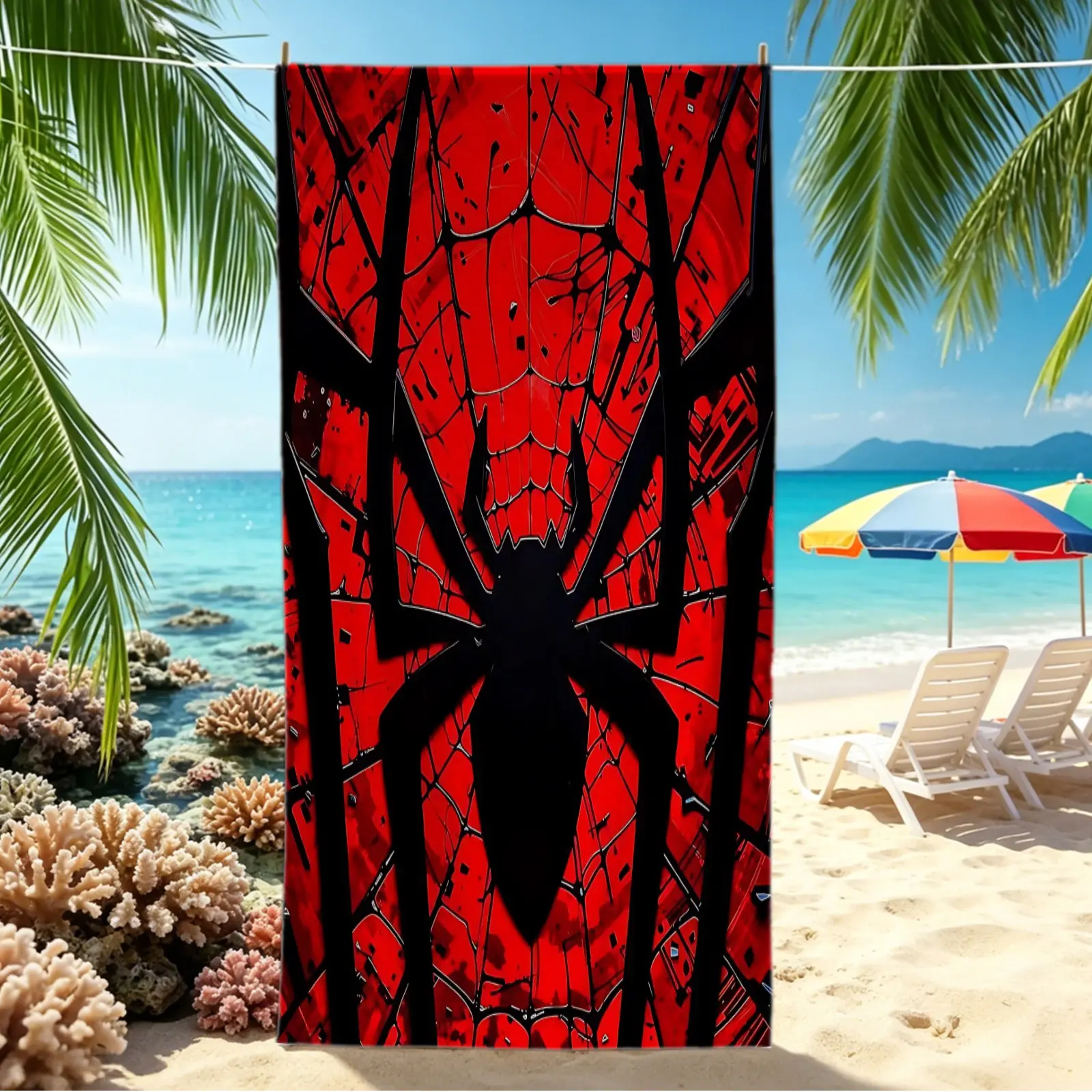 Halloween Gothic Black Spider Cobweb Digital Print Beach Towel, Multipurpose Pool Towel, Lightweight Camping Towel, Bath Towel Blanket, Vivid Spooky Graphic, Ideal for Beach Trips, Pool Party, Camping, Halloween Outdoor Holiday & Daily Use