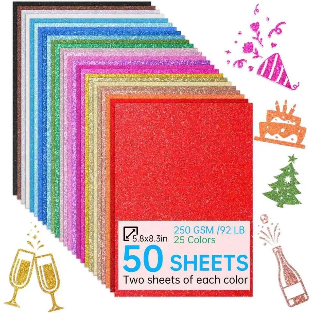 50 Sheets in 25 Colors Glitter Cardstock, Standard A5-Size Glossy Cardstock,  No-Shed Sparkly Cricut Cardstocks for Crafting Decorations, Cards, Scrapbooks, And DIY Projects