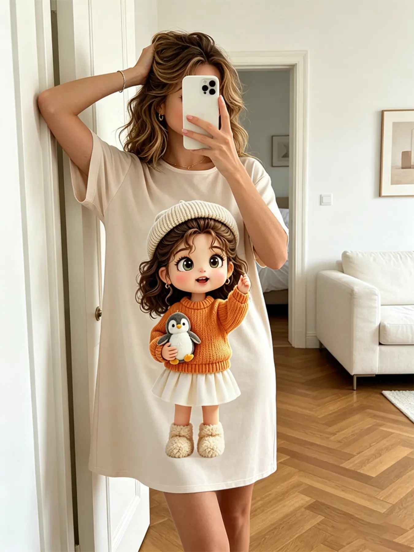 Women's Round Neck Sleep Dress, 3D Cute Penguin All over Print, Soft Breathable Loose Fit, Casual Home Wear, Summer Fashion Skirt