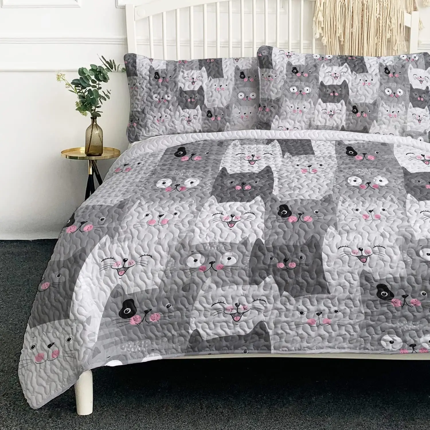 Grey Cat Quilt Set King(108"x96"), 3 Pieces Lightweight Cartoon Kitten Pattern Quilt Bedspread, 3D Kawaii Cats Comforter All-Season for Women Girls Kids Cat Lover