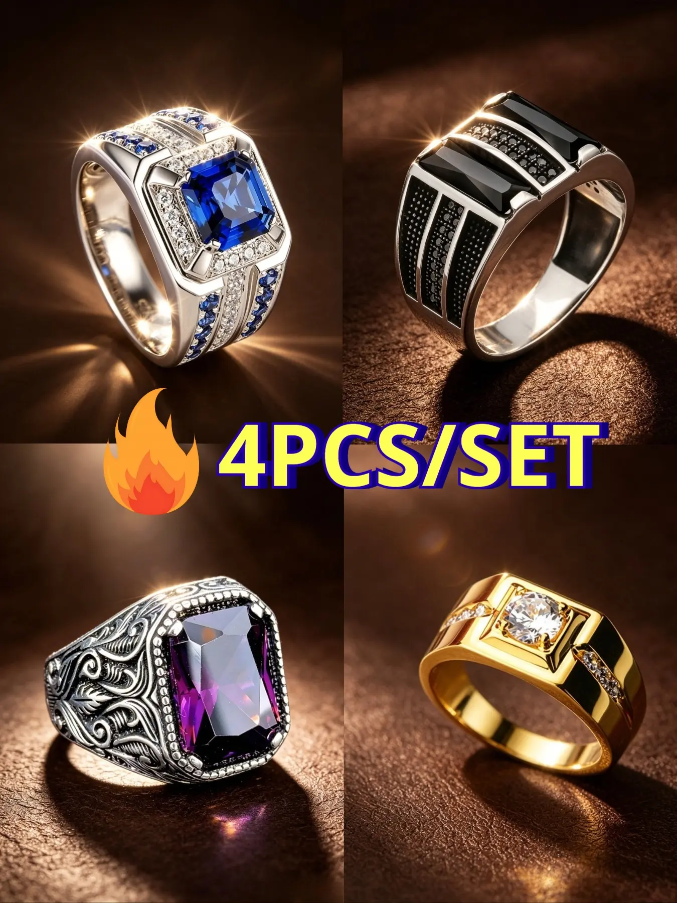 4 Pcs Men's Gemstone Signet Ring Set, Stunning Ring Set, Square Sapphire Black Onyx Amethyst Inlaid Wide Band Silver & Gold Plated Business Vintage Gothic Stack Jewelry For Banquet Travel Photoshoot Valentine Birthday Anniversary Holiday Gift