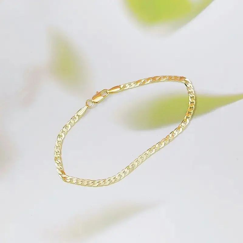 Men Women Matching Flat Cuban Chain Bracelet, Brass 18K Gold Plated Solid Link Daily Matching Wrist Accessory