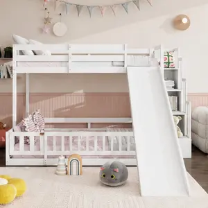 ARCH Twin Over Full Bunk Bed with Slide and Storage Staircase, Solid Pine Wood Kids Bunk Bed Frame with Safety Guardrails, White, Space-Saving Loft Bed for Children's Bedroom, Easy Assembly, 100.4"W x 94.4"D x 59.8"H, White Color Options