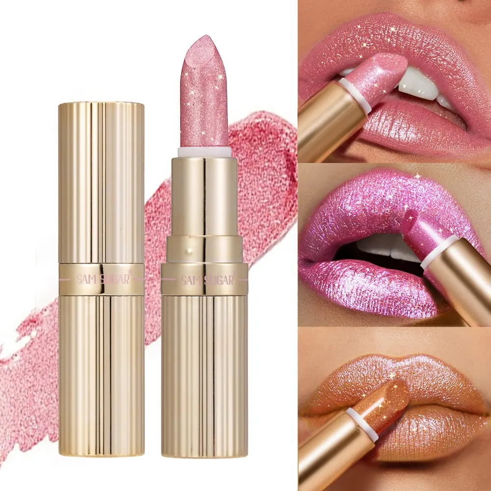 Sam Sugar Gold Tube Shimmer Lipstick, Waterproof Easy Color Payoff, Glitter Shiny Finish, Hydrating Moisturizing Long Lasting Lip Balm
