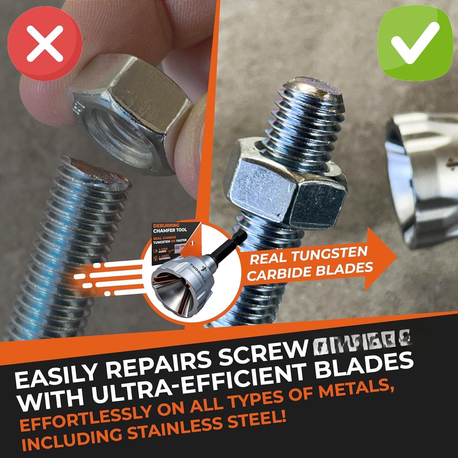 Deburring External Chamfer Tool with Tungsten Carbide  - Deburr Tool for  Thread,  Metal Rod, Pipe, PVC,  Printing - 1/8" to 3/4" Diameter (3~19mm) - User Guide + Video Tutorial