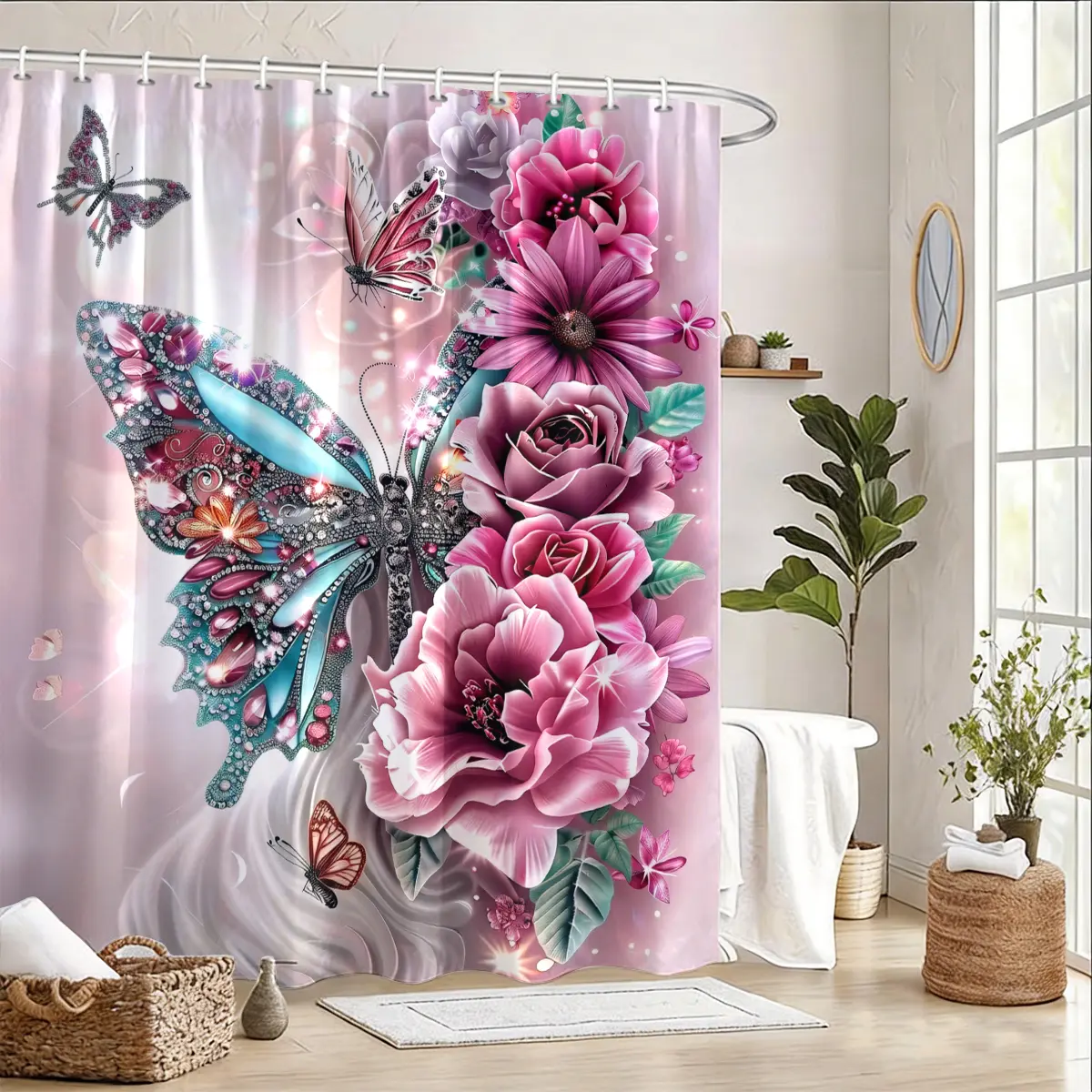 2D Flat Shower Curtain Set, Butterfly-Floral Collection with Multiple Designs, Romantic Print Bathroom Bathtub Hanging Curtain Includes 12 Hooks