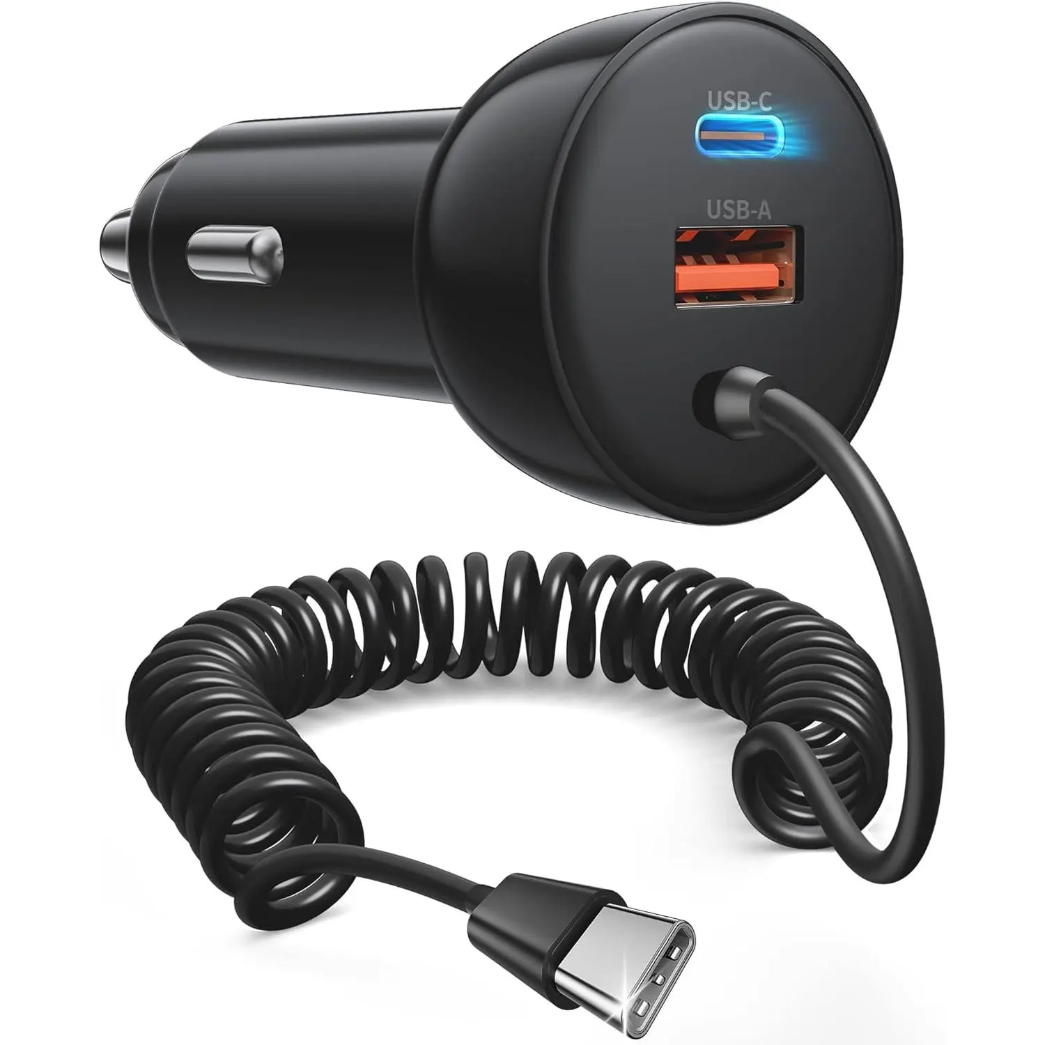 Compact 90W Car Charger, 3-Port Portable Fast Charging Adapter with 4ft Coiled USB-C Cable and Safety Features for Travel & Hiking, Fast Charge, Retractable, Cars Accessories