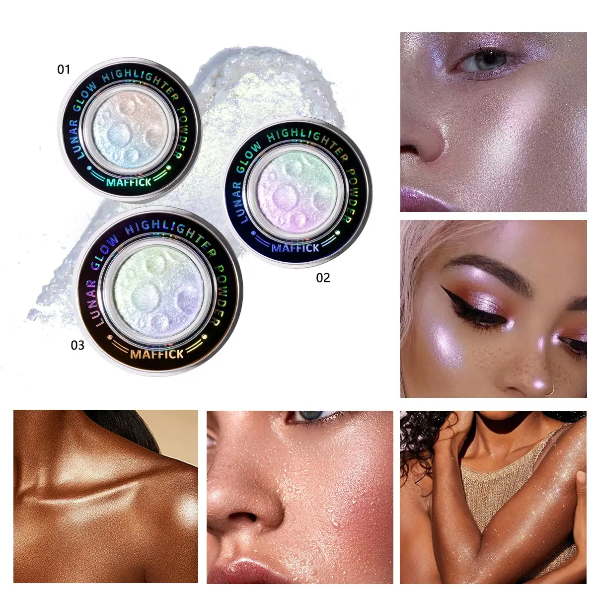 2-Piece Pack MAFFICK Lunar Glow Highlighter Powder Set Hidden Gold & Purple Pink TintCrease-Resistant Formula, Achieve a Refined Holographic Finish
