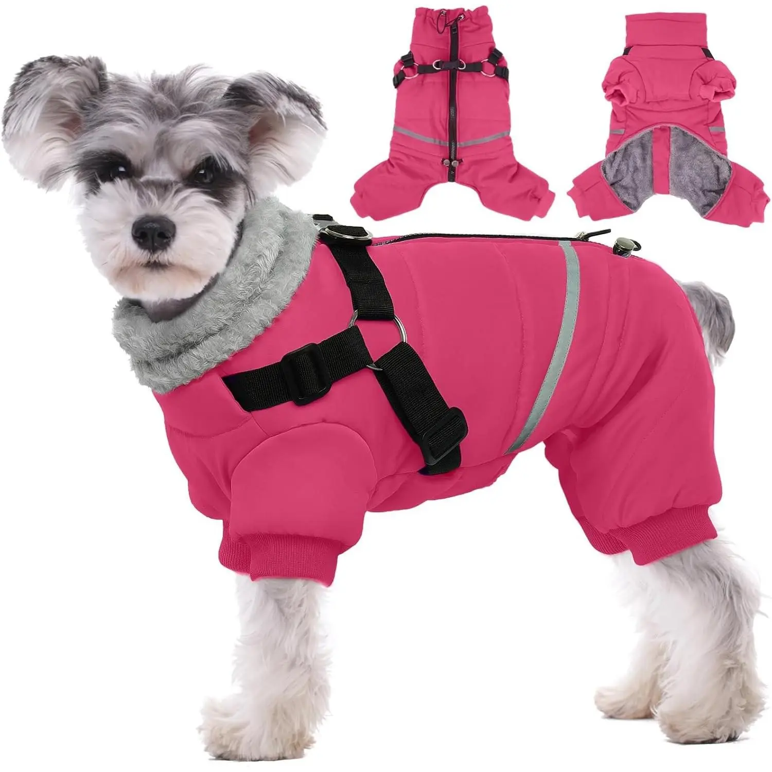Dog Winter Coat with Harness Built in, Winter Dog Jacket for Small and Medium Dogs, Small Dogs Snowsuit Reflective Windproof Cold Weather Coat, Puppy Warm Fleece Coats, Hot Pink, S