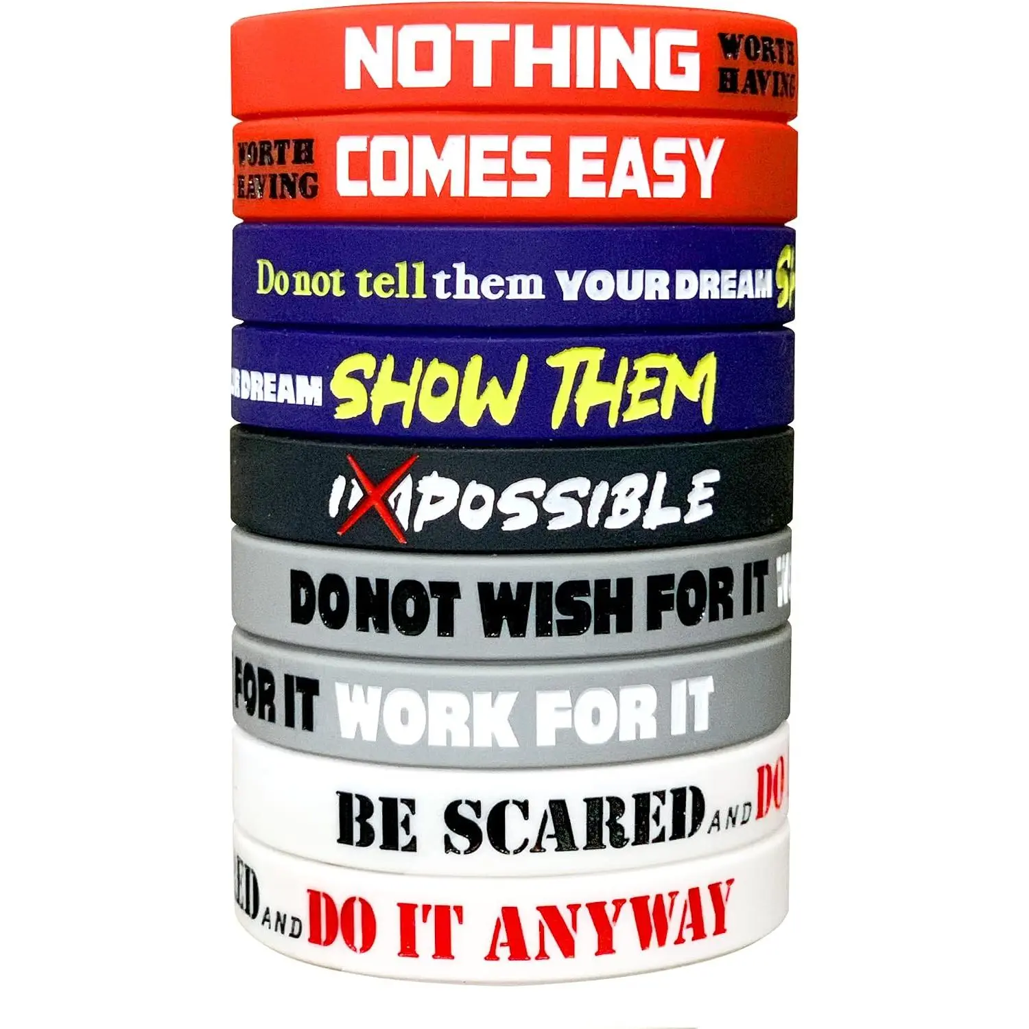 12 Pack Motivational  Wristbands for Men, Women & Teens,  Team, Student Rewards Rubber bracelets 12x8” with Inspirational Quotes, Unisex Design for men, gifts for boys