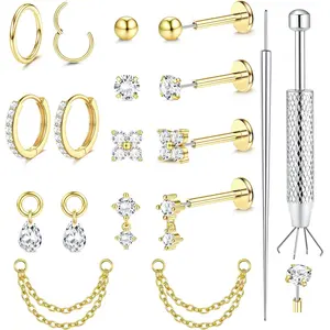 20G 18G 16G Threadless Flat Back Earrings Stud -Hypoallergenic Surgical Steel Push in Nose Studs Cartilage Hoop Earring Set 14K Gold Plated Tragus Helix Conch Lip Labret Medusa Piercing Jewelry