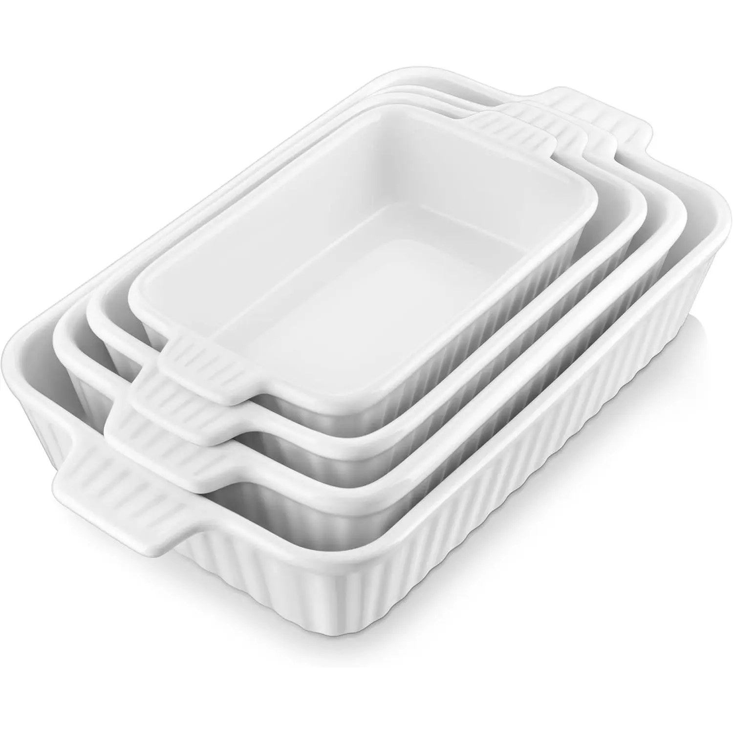 Casserole Dishes for Oven, Porcelain Baking Dishes, Ceramic Bakeware Sets of 4, Rectangular Lasagna Pans Deep with Handles for Baking Cake Kitchen, White (9.4"/11.1"/12.2"/14.7"), Series
