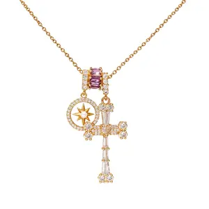 18k real gold plated zircon and mother-of-pearl round cross clavicle chain DDXL0102, personalized light luxury high-end necklace for women