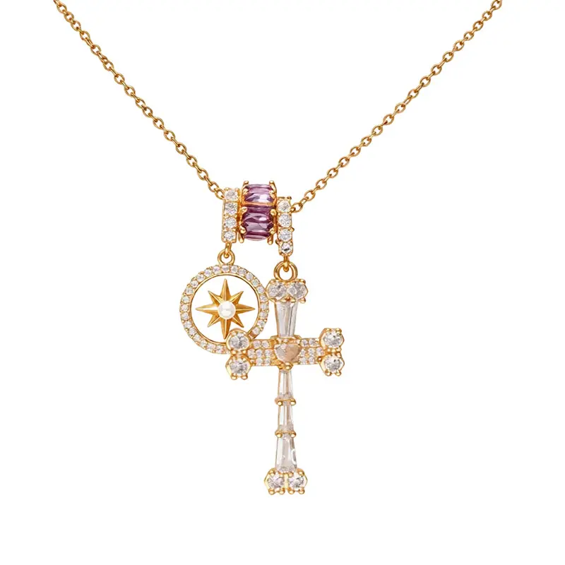 18k real gold plated zircon and mother-of-pearl round cross clavicle chain DDXL0102, personalized light luxury high-end necklace for women