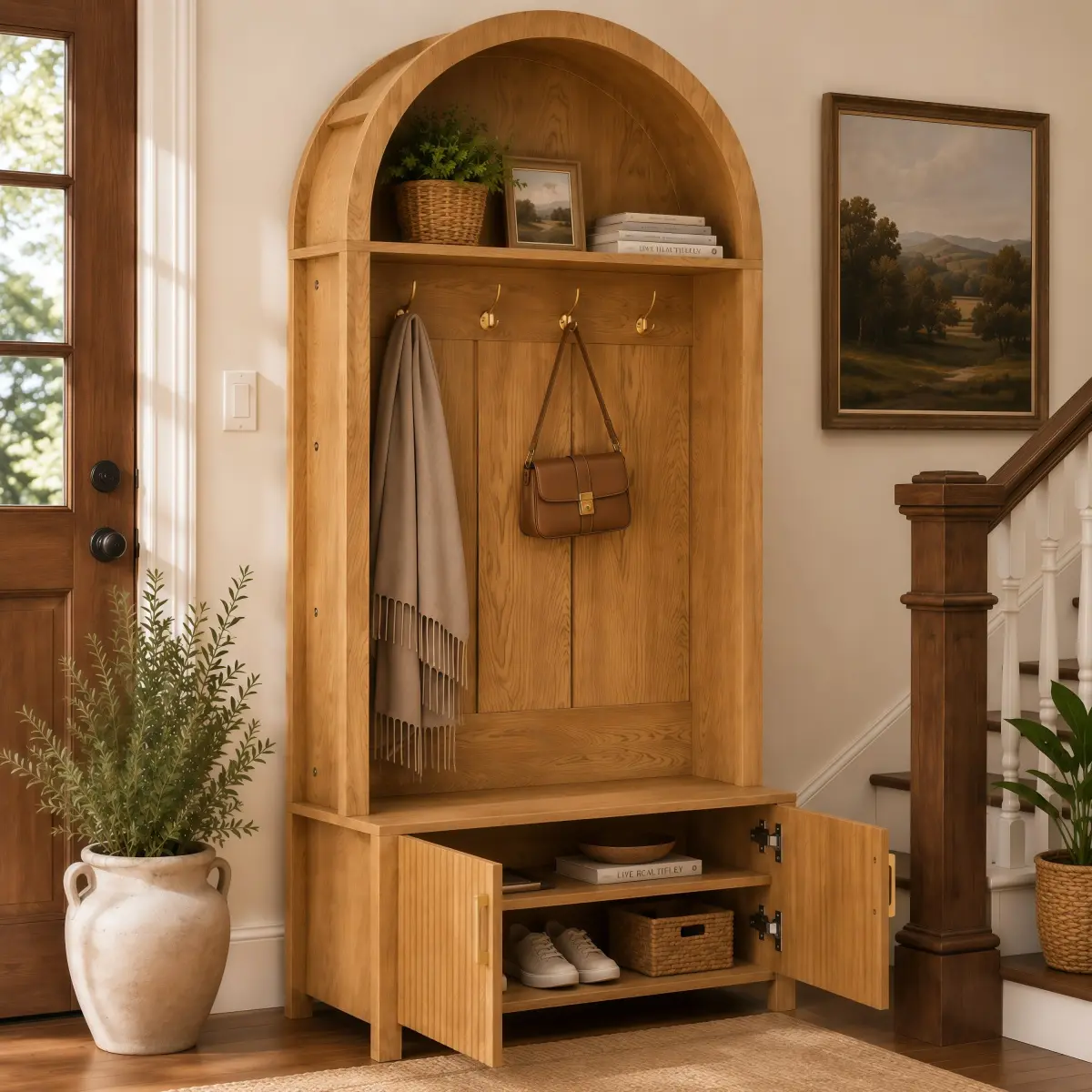 Wooden Farmhouse Arched Top Hall Tree - 70.3" Arch Coat Rack with Bench, 4 Metal Hooks, 2 Fluted Doors & Shoe Storage - Indoor Cabinet Organizer for Mudroom, Entryway