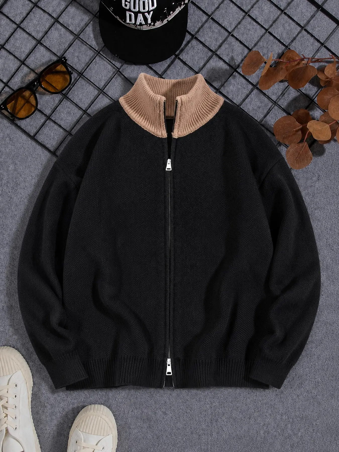Men's Contrast Collar Zip Through Knit Cardigan, Tan High Neck Knitted Jacket, Relaxed Fit Chunky Knitwear, Warm Autumn Sweater