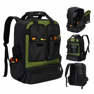 Heavy Duty Waterproof Tool Backpack Organizer 18" Tool Bag with Molded Hard Bottom, Multiple Pockets & Laptop Compartment for Electricians – Black & Green