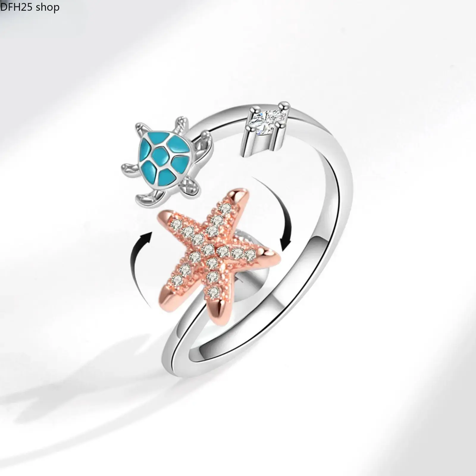 Women's Sterling Silver Rotating Open Ring, Starfish and Sea Turtle Spinner Design with Cubic Zirconia for Daily Wear and Stress Relief