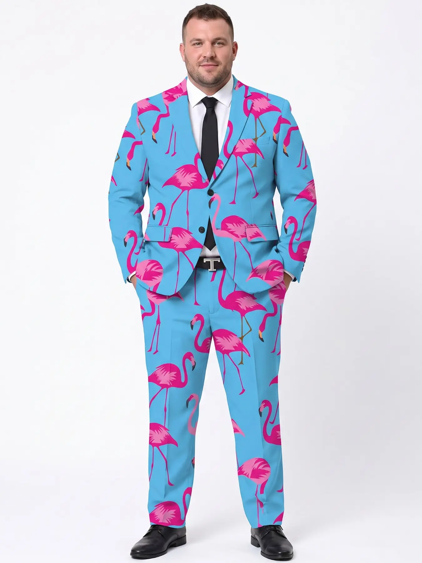 Plus Size Men's Blue Flamingo Print Suit Two-Piece Set Plus Size Fun Blazer and Pants Set for Themed Party Trendy Outfit