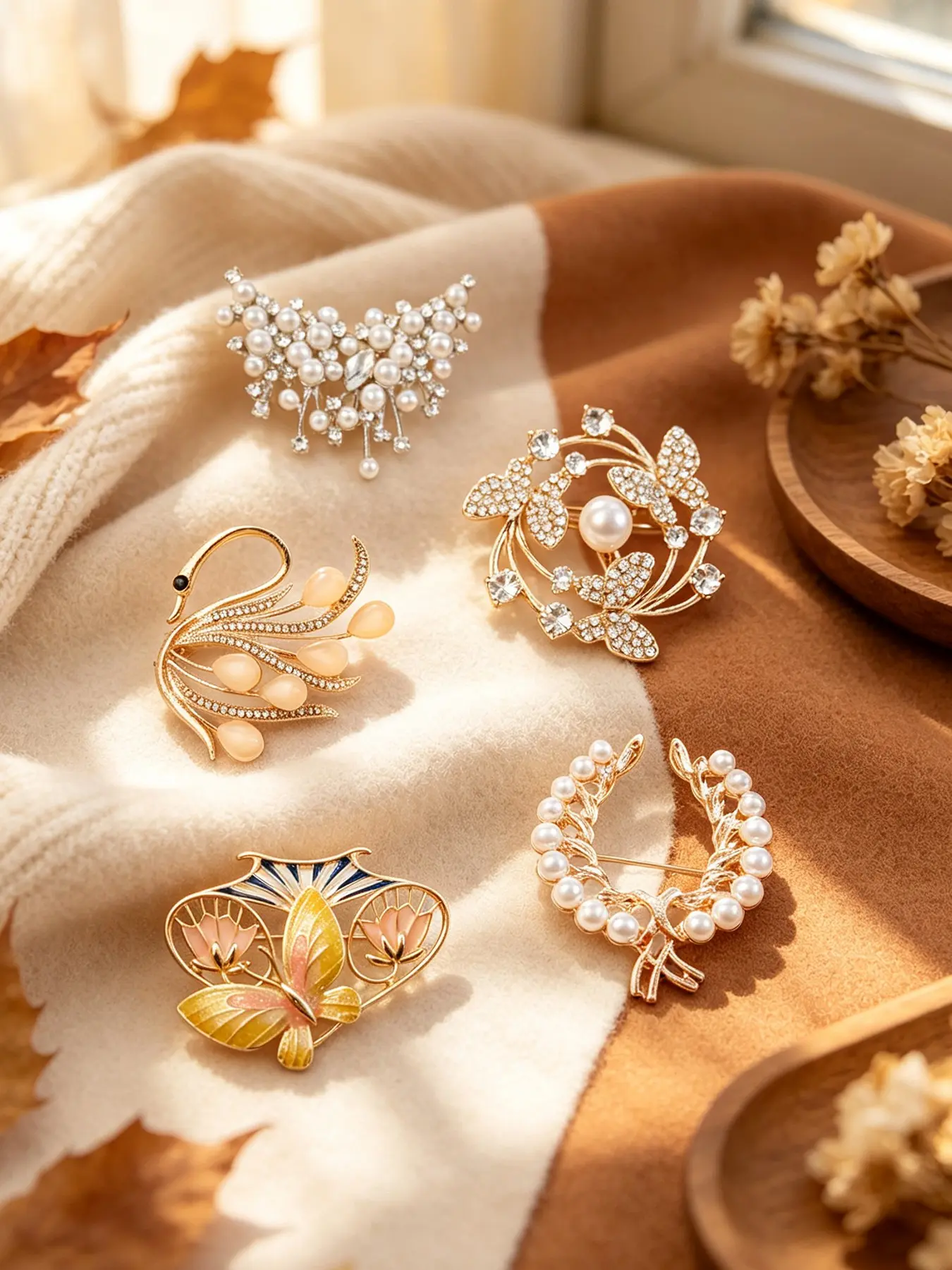 5Pcs Elegant Exquisite Brooches | Vintage & Romantic Swan & Butterfly Lapel Pins with Pearls & Crystals, Perfect for Women to Elevate Wedding, Office & Everyday Outfits
