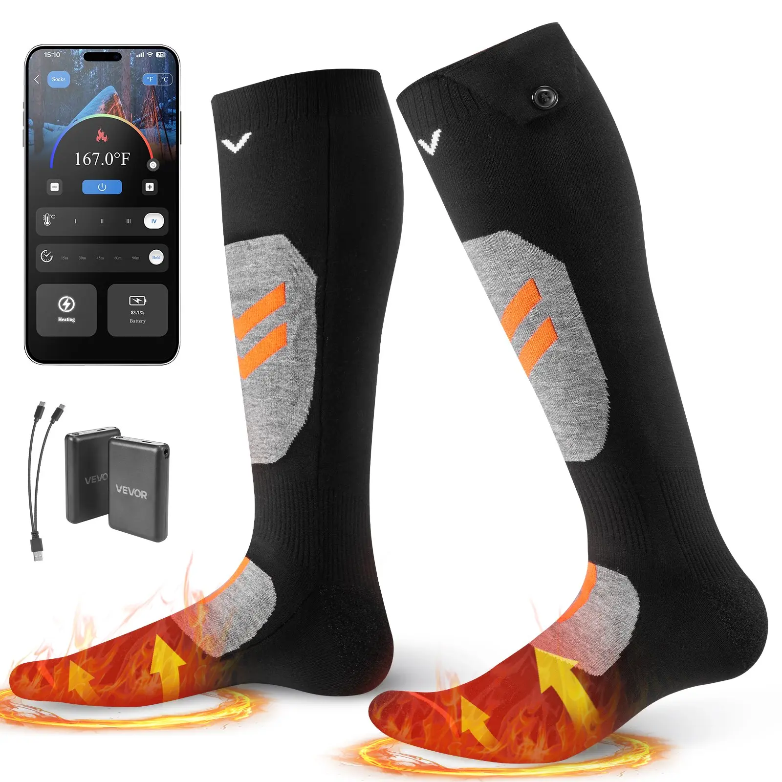 VEVOR Heated Socks, X-Large Size, 5000mAh Battery Rechargeable Heating Socks with 4 Heating Levels, Electric Heated Sock with APP Control for Men Women, Foot Warmer for Hunting Riding Camping Hiking