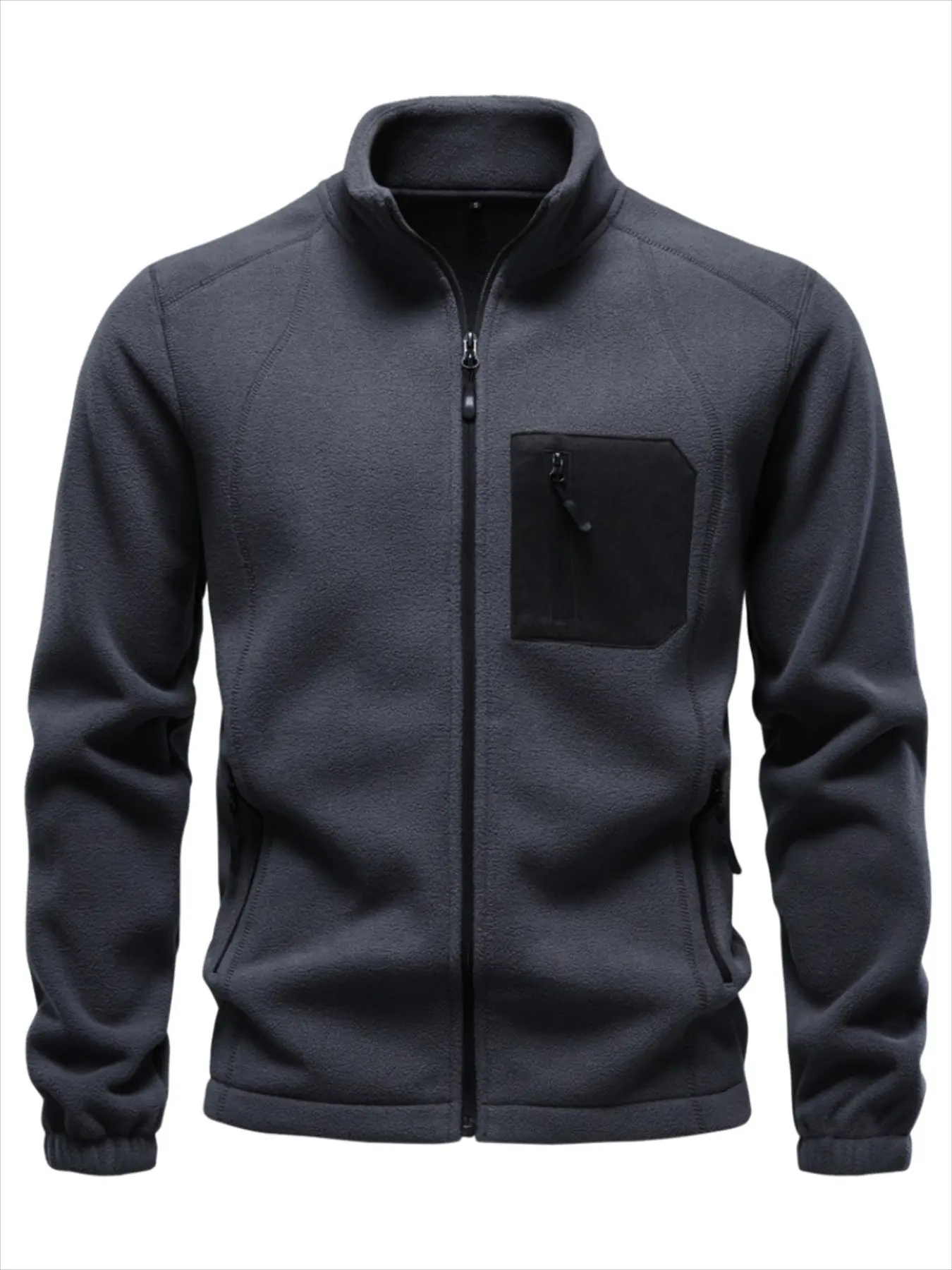 Men's Stand Collar Multi-Pocket Fleece Sweatshirt, Full-Zip Lapel Coat, Solid Color Casual Home & Outdoors Wear, Two-In-One Design