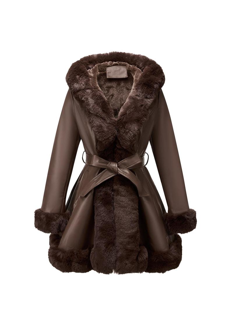 Giolshon Women's Fall & Winter PU Long Jackets, Warm Casual Hooded Fitted Coats with Detachable Belt and Faux Fur, Everyday Stylish Outerwear