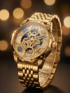 Men's Automatic Mechanical Watch, Multi-Row Metal Band, Full Hollow Transparent Dial, Business Casual, Trendy Fashion Timepiece