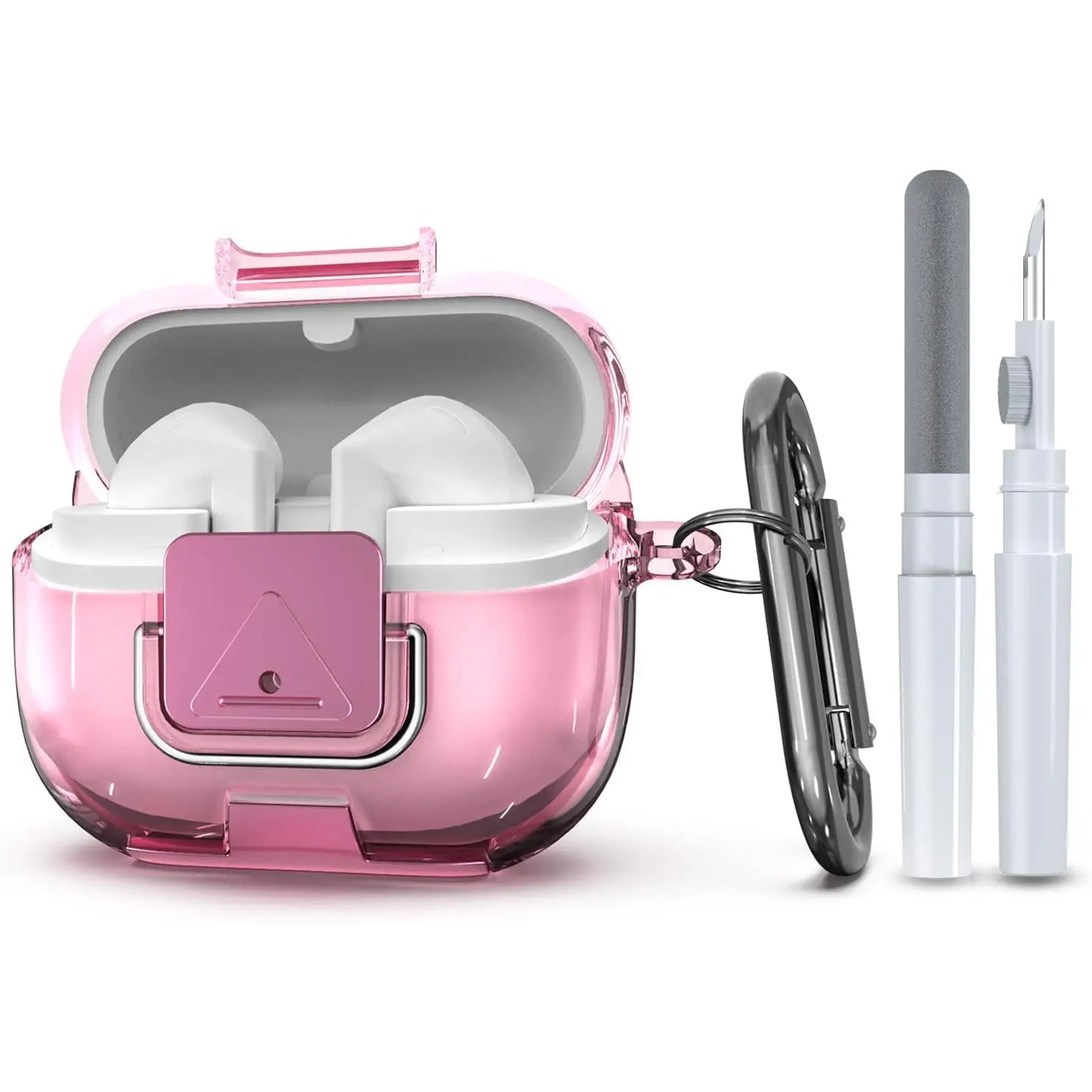 for Samsung Galaxy Buds 3/3 FE (2025)/3 Pro Protective Case with Secure Lock Clip,Phone Stand Design Full Protection Shockproof TPU Case with Carabiner&Clean Kit (Clear Pink)