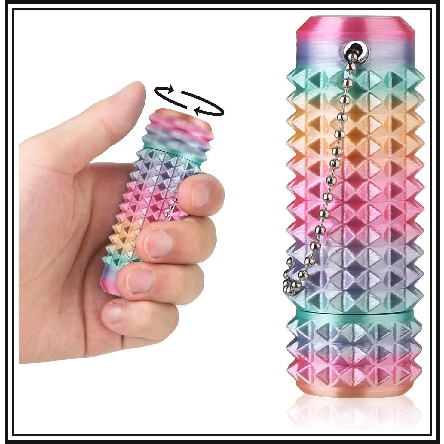 Pain Stim Fidget Toy, 3D Printed Pocket Spiky Keychain with Clicker Button Spinner Sensory Toys for Anxiety Focus & Stress Reduction Novelty Gifts (Rotate Rainbow)