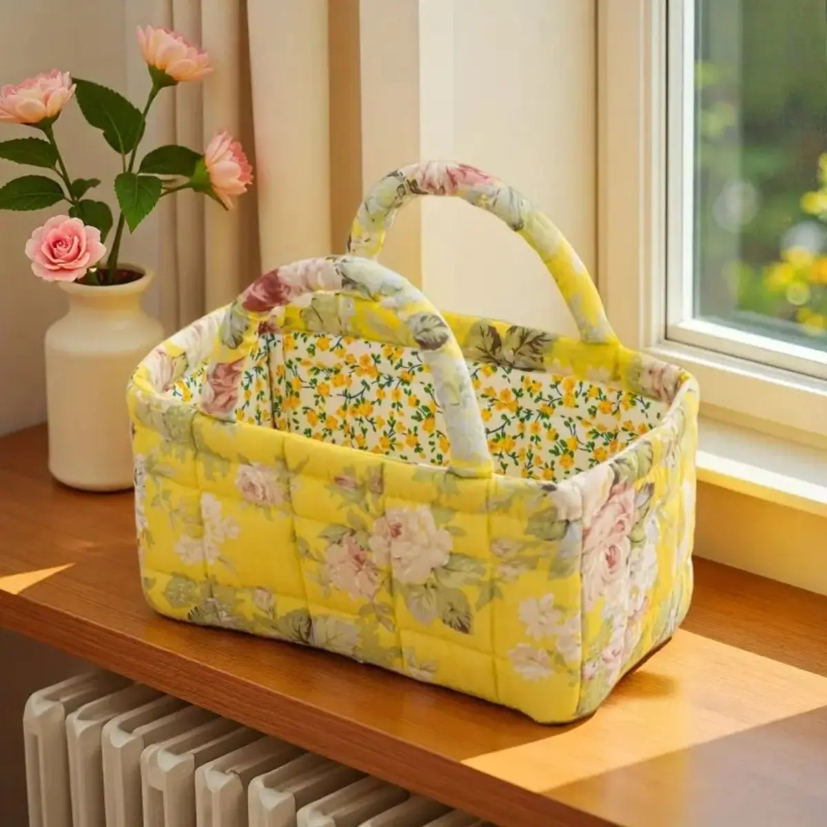 Chic Fabric Basket, Vintage Floral Quilted Organizer for Bathroom & Bedroom Essentials, Foldable with Double Handle, Cold Wash, Cute, Multifunctional, Spacious, Printed, Retro, Striped, Portable, Bathroom Storage Baskets, Collapsible Baskets