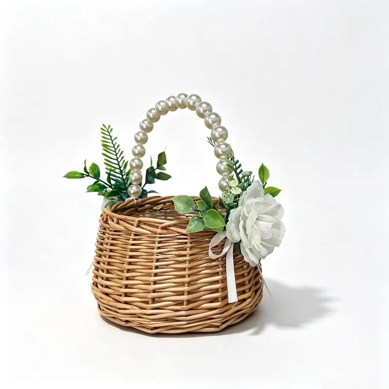 Outdoor activitiesWicker Rattan Flower Girl Basket with Flower,Handwoven Basket for Wedding Flower Girl Home Storage Picnic Basket