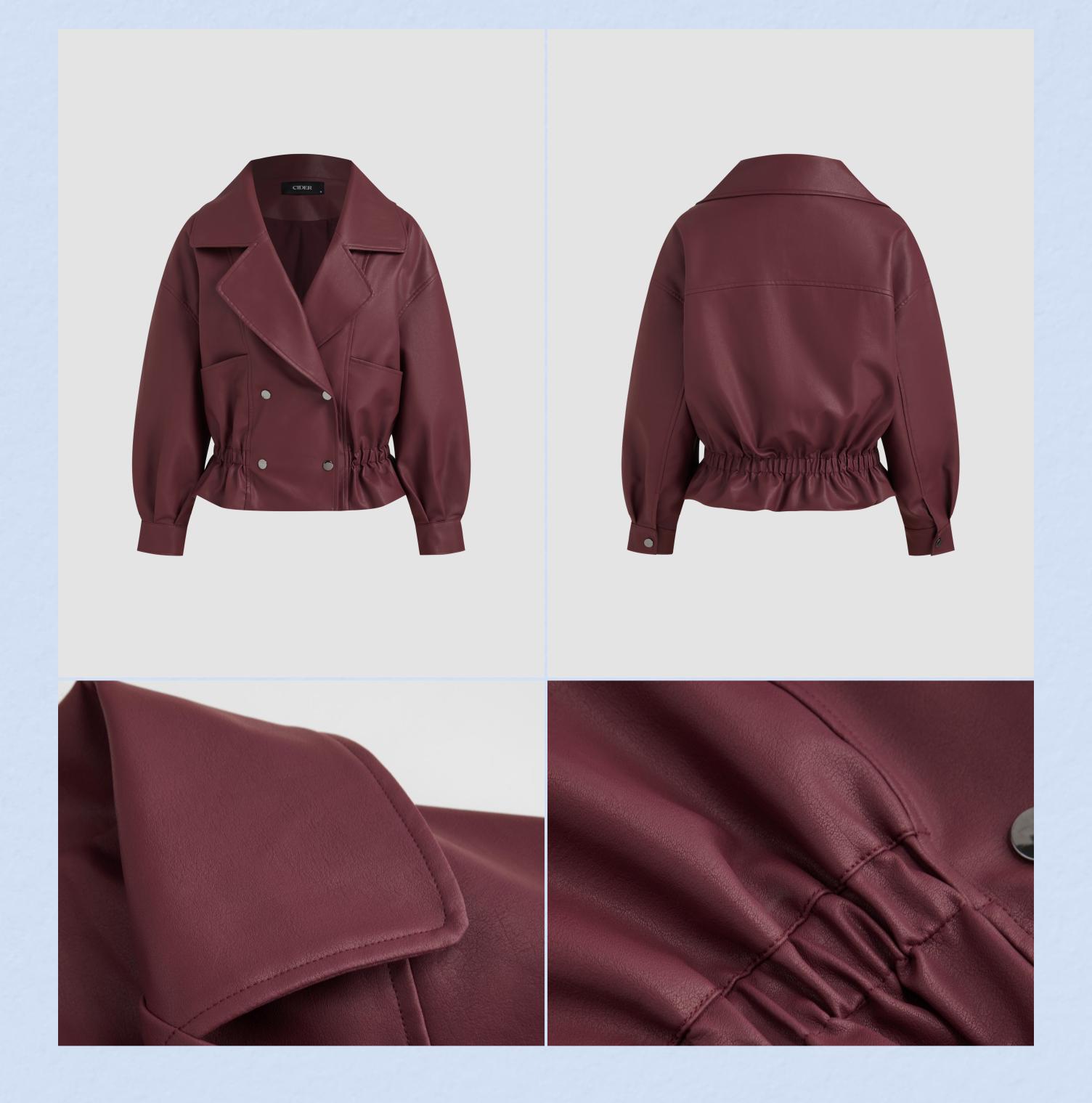 Cider [2 colors, size 2-10] Faux Leather Collar Solid Ruffle Hem Button Pocket Oversized Jacket