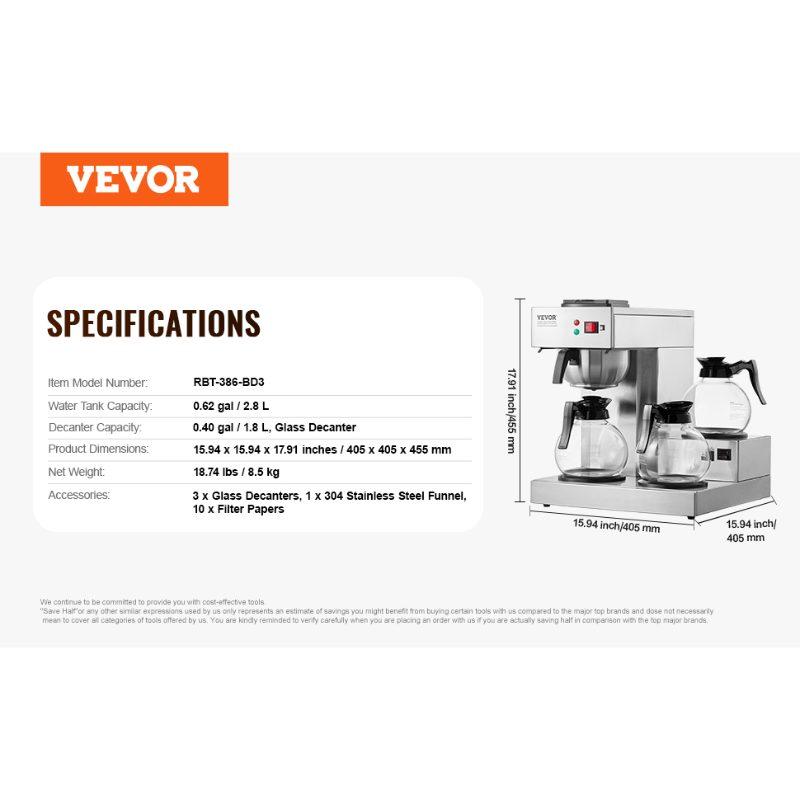 VEVOR 12 Cups Commercial Drip Coffee Maker, Coffee Maker Machine with 3 Glass Carafes and 3 Warmer Plates, Stainless Steel Pour Over Coffee Brewer with Auto Water Intake, for Restaurant Office Cafe