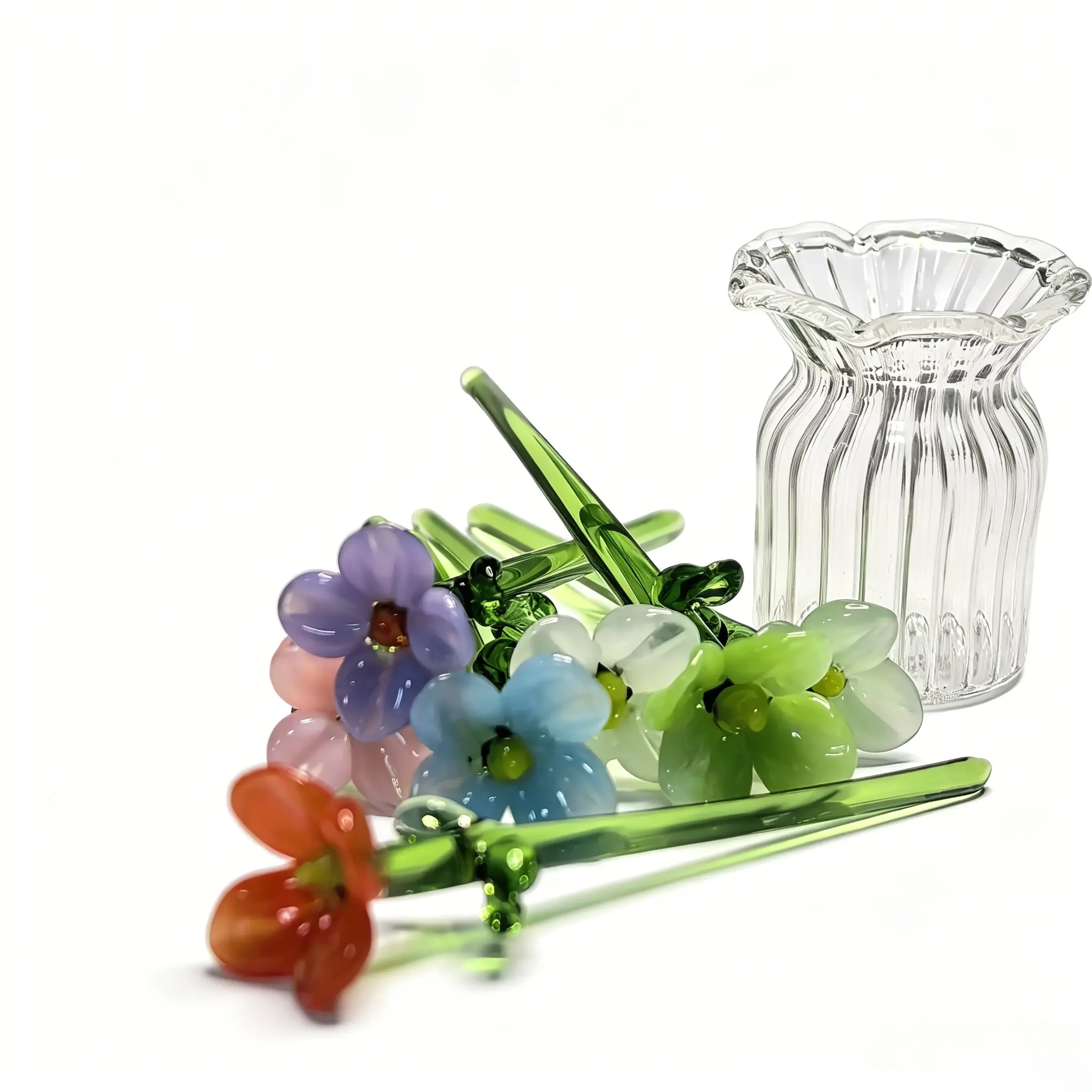 Handmade Glass Mini Bouquet Ornament - Hand-Blown Multicolor Glass, 7pcs Small Flowers And Vase Complete Set, Brighten Desk/Bedroom/Window Display, Maintenance-Free, Surprise Gift for Girlfriend/Bestie/Home Decor, Valentine'S Day