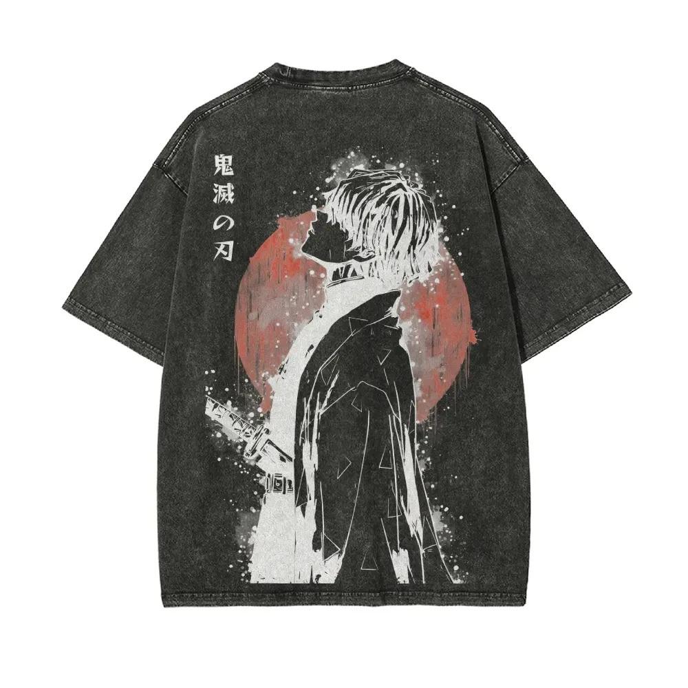 2026 Summer New Zenitsu Agatsuma Breath of Thunder Retro Washed Old T-shirt Demon Slayer 90s Street Style Short-sleeved Top
