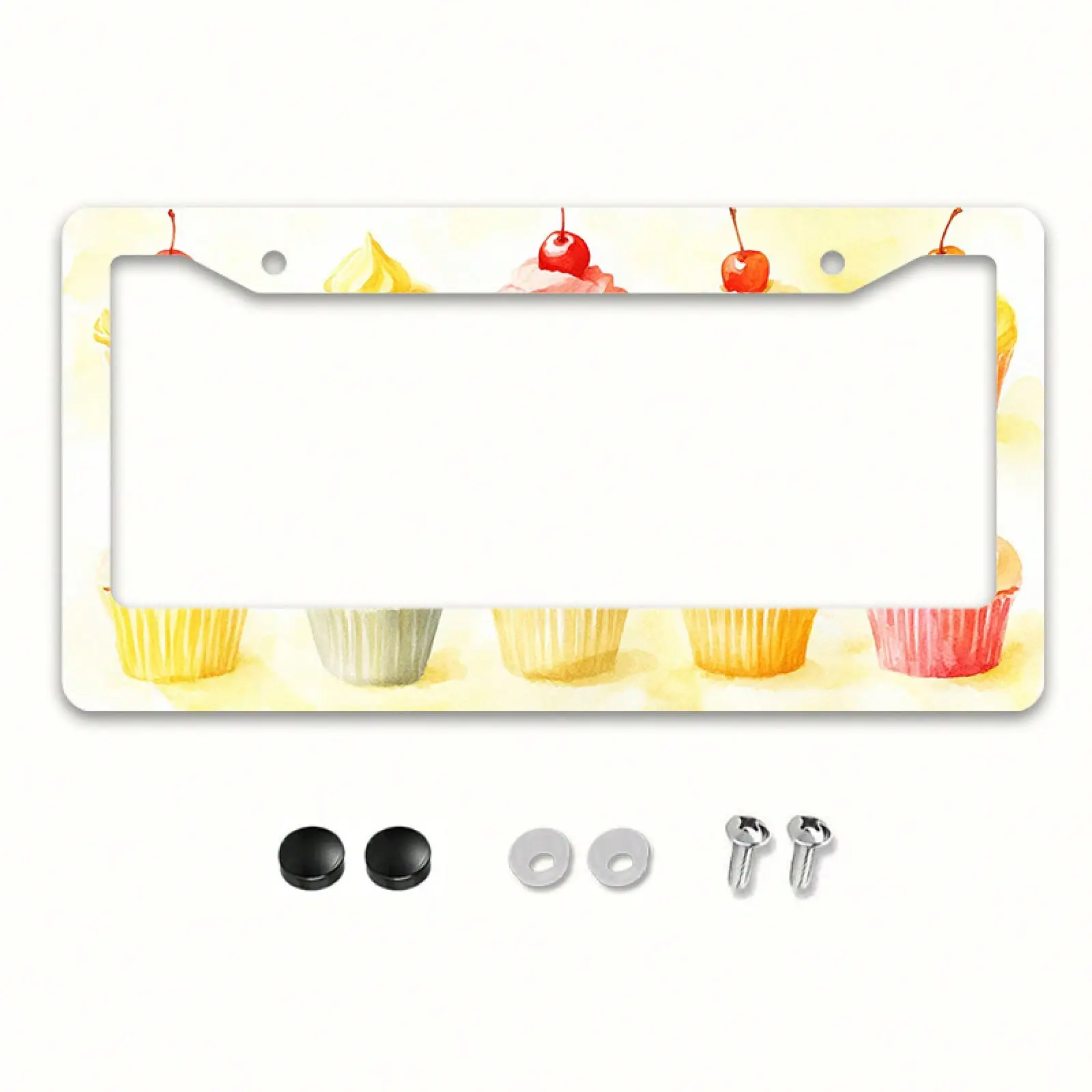 1 Piece 12x6 Inch Sweet Cupcake Pattern Metal License Plate Frame Fits American And Most International Vehicles Includes Mounting Screws Western Festival Themed Car Decoration Accessory