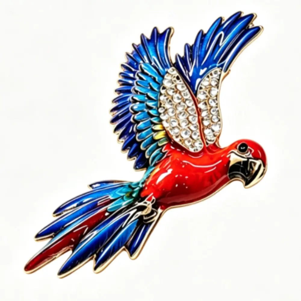 Vibrant Red Blue Macaw Clear Rhinestone Wing Gold Brooch Unisex Tropical Bird Lapel Pin Gift