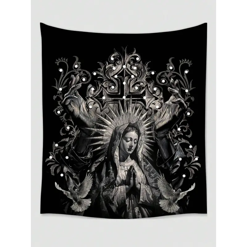 ROMWE Dark Gothic 1-Piece Polyester Decorative Tapestry with White Dove & Cross Print, Machine Washable Wall Decor for Daily Use in Living Room, Bedroom, Camping, All Seasons