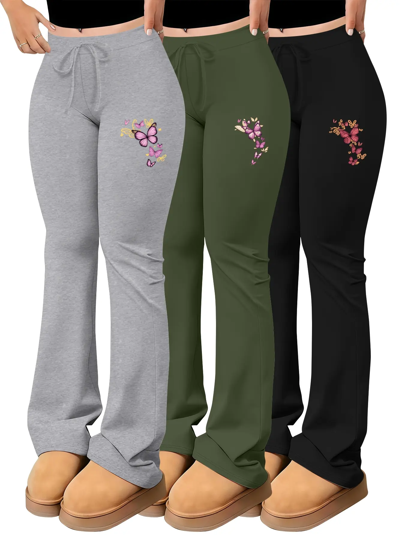 3-Piece Set Fashionable Women's Pants Set Butterfly Theme Embroidery/Print Pattern Minimalist Lines Butterfly Typical Sweet Girl Style Retro Style Suitable for Everyday Casual Wear Knitted Set Clothes, Womenswear