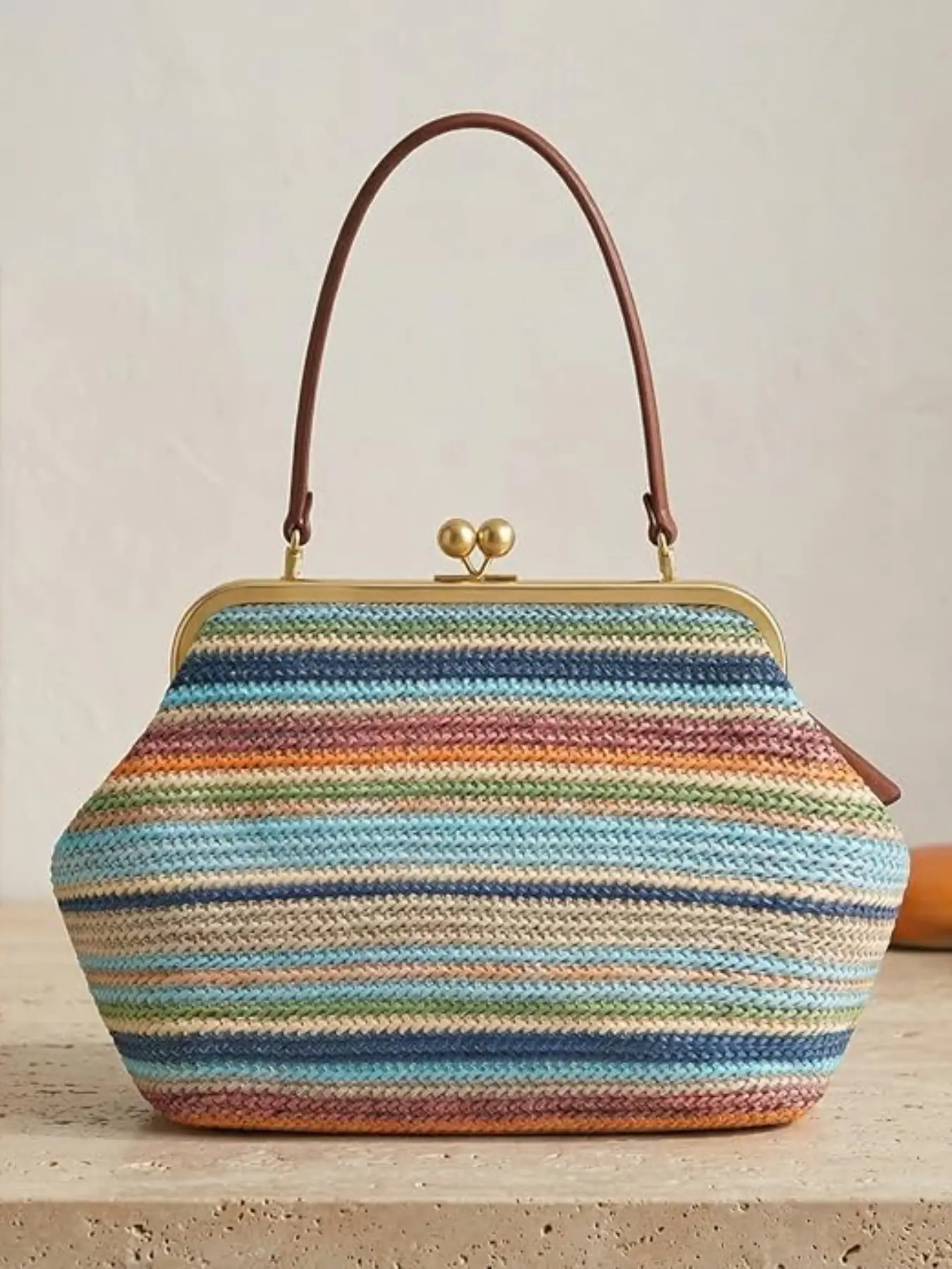 Kiss-lock Bag for Women Kiss Lock Purses and Handbag Casual Shoulder Purse Large Straw Beach Shoulder Bag Summer Straw Tote Messenger Clutch Bags Casual Fashion Bag