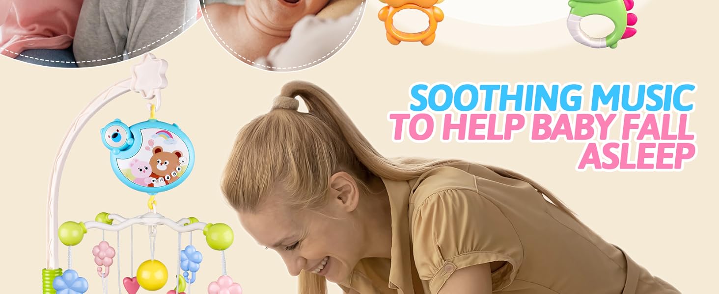 Crib Mobile with Music and Lights, Baby Mobiles for Cribs, Nursery Musical Mobile for Bassinets Toys Hanging Girls Boys, Pack and Play Space Portable Animal Mobile Hanger Arm Clip On Attachment