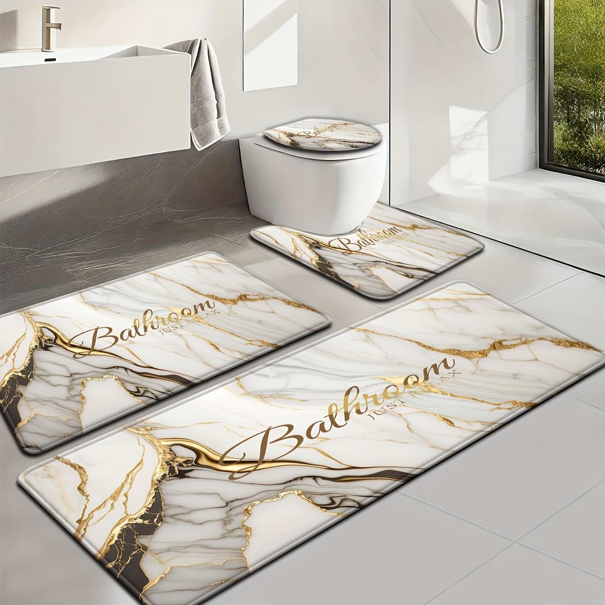 4-Piece Marble Pattern Bathroom Rug Set, Abstract Swirl Ink Fluid Art Bath Mat with "Just Relax" Print, Non-Slip Absorbent Bathroom Accessories with Toilet Lid Cover & U-Shaped Mat for Modern Bathroom Decor