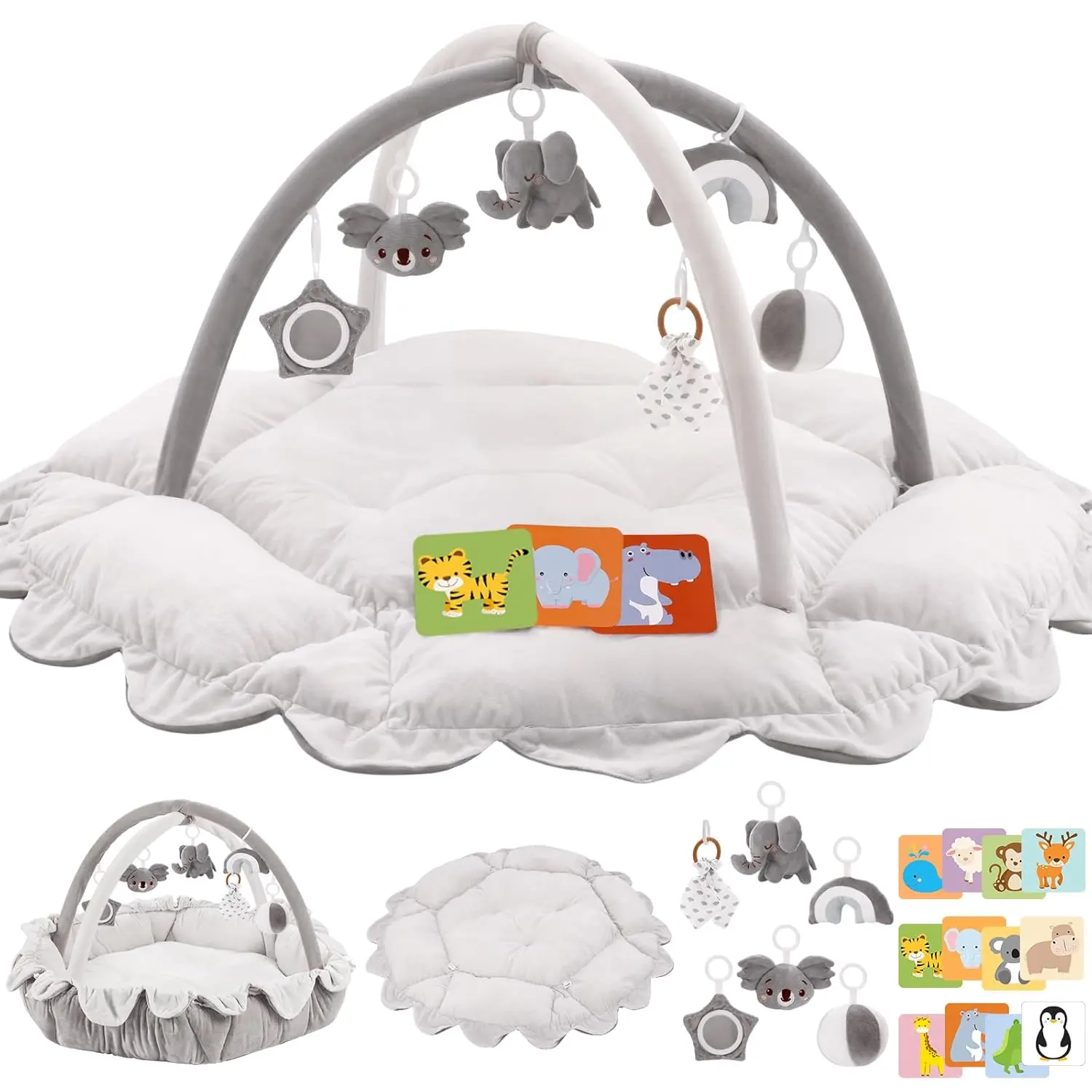 5-in-1 Plush  Play Gym, Activity Mat with Convertible Gym,  Gym 6 Sensory Toys, Play Center  Newborn to Toddler, Grey ball inflatable