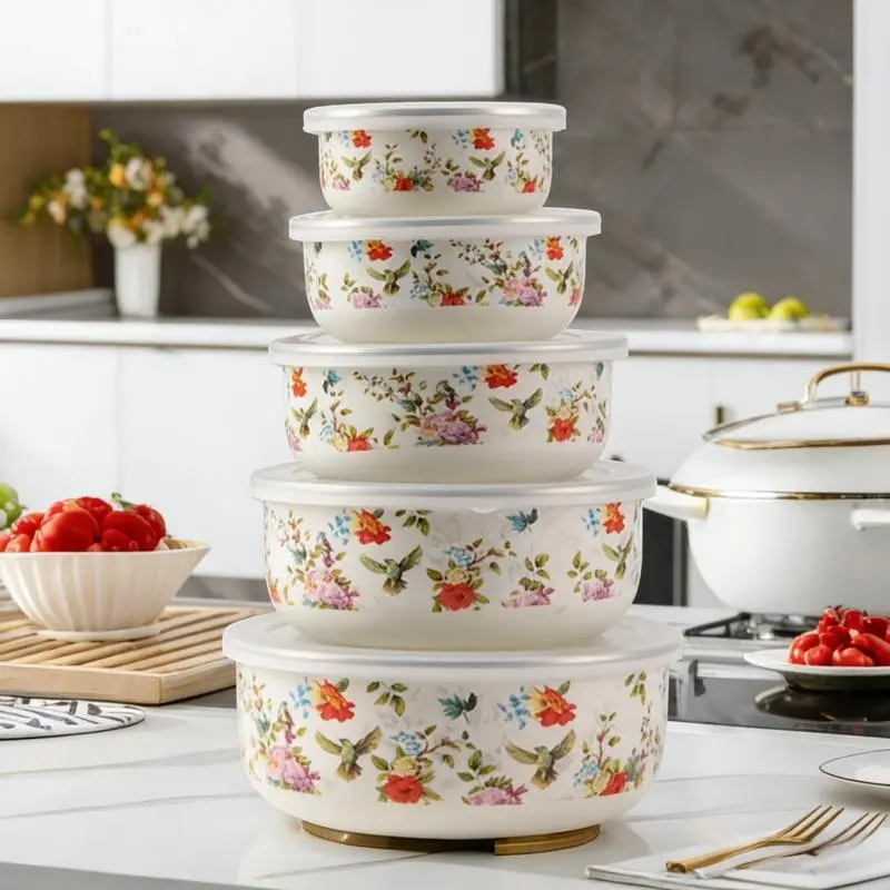 5 Pack Round Enamel Food Storage Bowls with Lids, Multi-Purpose Containers for Noodles, Dishes, Fruits & Soup, Refrigerator Safe Food Storage Box, Food Storage Set
