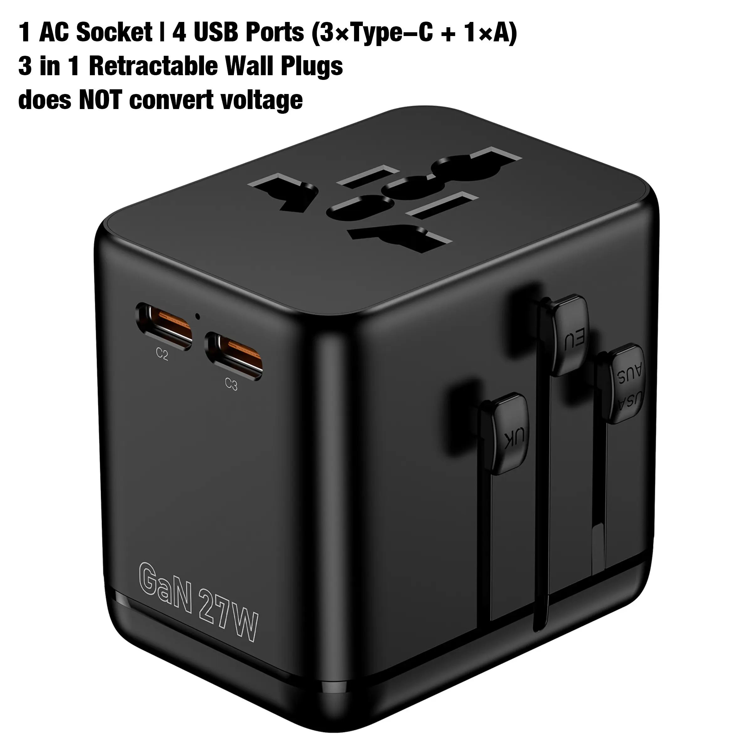 Universal Travel Adapter 27w PD Fast Charging, All-In-One Portable GaN Power Adapter, International Plug for Usa, Uk, Eu, Au - 220+ Countries