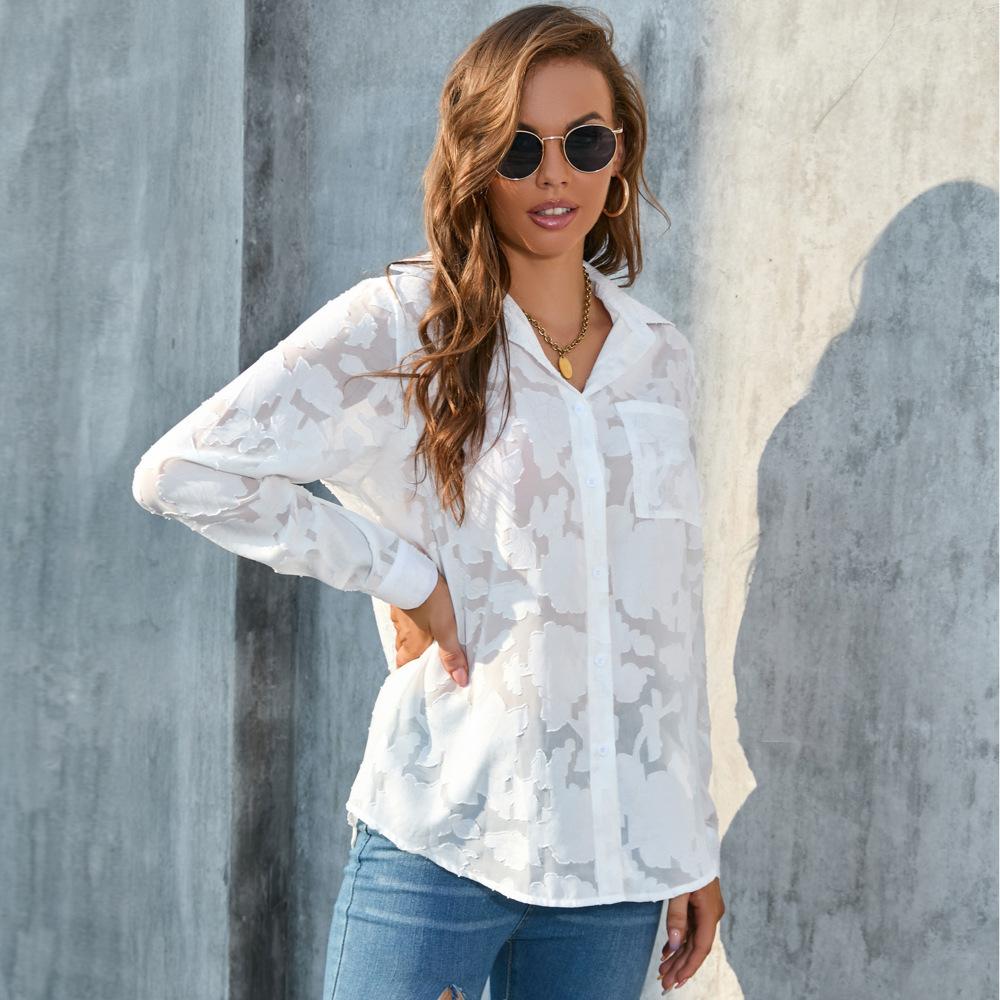 BIGWIG Women's White Elegant Sheer Blouse, Long-Sleeved Jacquard Collar Button-Down Top, Loose-Fitting Shirt, Casual Long-Sleeved Chiffon Blouse, Spring/Summer Outfit
