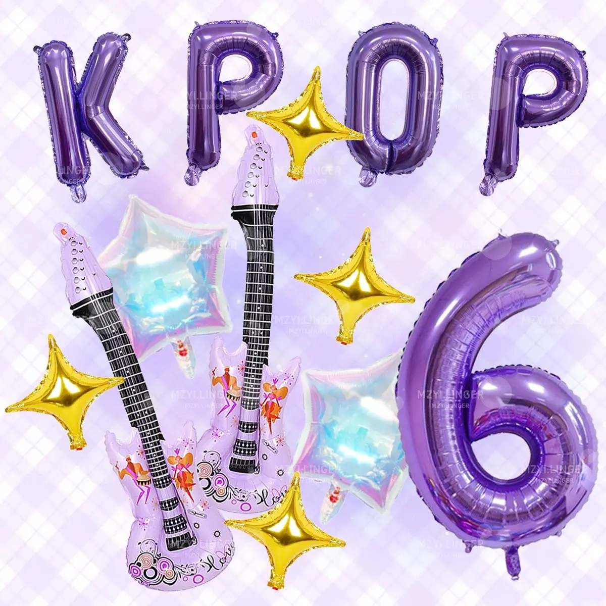13-Piece Pop Music Theme Balloons Set, Guitar, Star, Number, Rainbow Pentagon Balloons, K-Pop Birthday Party, Disco Decor, Music Party, Hip Hop