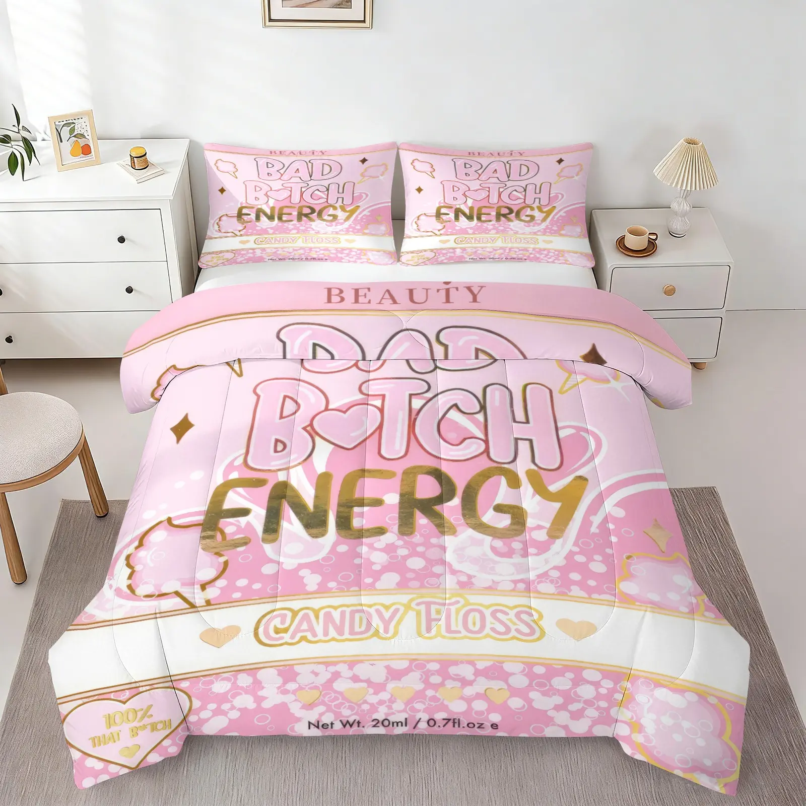 Y2K Girly Bad Bitch Energy Comforter Bedding Set, 1 Comforter + 1-2 Pillowcases, Pink Candy Floss Bottle Label Pattern, Soft Cozy Breathable Washable All Season Bed Quilt for Young Women